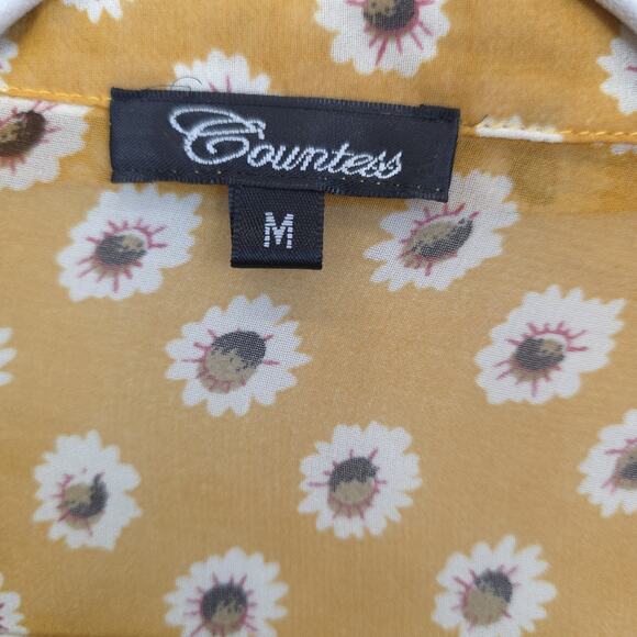 Countess Blouse Womens Medium Ditsy Daisy Floral Tie Front Sheer Ruffle Top - Picture 9 of 12